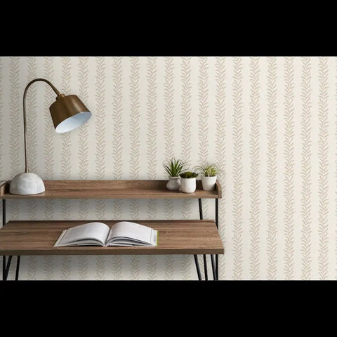 Botanical Stripe Vinyl Wallpaper With Subtle Leather Texture And Dang Durable Type Two Commercial Grade Wallcovering in a home office setting with a desk.