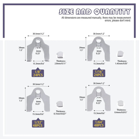 Diagram showing Auto Alignment Body Shim Kit With Storage Box, 144 Piece Set In Four Sizes 1/64 Inch, 1/32 Inch, 1/16 Inch, And 1/8 Inch.
