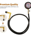Front view of oil pressure tester kit with red gauge, brass fittings, and black hose for car or truck use