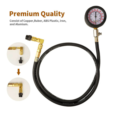 Oil pressure tester kit with gauge and flexible hose, brass fittings, 0–140 PSI, for cars and trucks (front view)