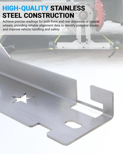 Pro Grade DIY Friendly Wheel Alignment Tool Set With Premium Stainless Steel Toe Plates and Connection Sheet in garage