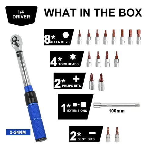 Bike Torque Wrench Set One Quarter Inch Drive 2 To 24 Nm Micro Adjustable For MTB And Road Bikes with Allen Keys Torx Sockets