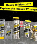 Assorted Rocket TT lubricant products including grease, oil, and spray with cartoon astronaut on a lunar surface.