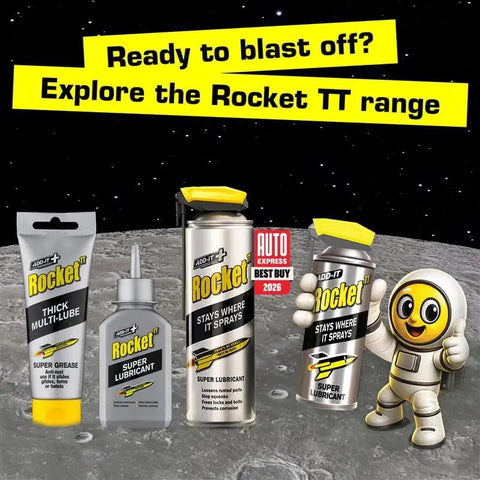 Assorted Rocket TT lubricant products including grease, oil, and spray with cartoon astronaut on a lunar surface.