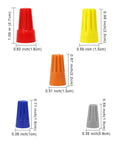 Image showing colorful wire connectors, including Orange P3 Spring Insert Twist Caps Wire Connectors Assortment For Speaker Wire, Home Theater, Auto And Marine Wiring, Durable Thermoplastic Shell, Heat Resistant To 221F, Includes Nuts And Screw Terminals, with dimensions for each connector.