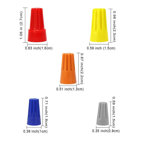 Image showing colorful wire connectors, including Orange P3 Spring Insert Twist Caps Wire Connectors Assortment For Speaker Wire, Home Theater, Auto And Marine Wiring, Durable Thermoplastic Shell, Heat Resistant To 221F, Includes Nuts And Screw Terminals, with dimensions for each connector.