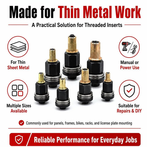 Pro Grade Rivet Nut Tool Kit With Seven Mandrels M3 Through M12 And 70 Flat Head Rivet Nuts, Built Tough For Thin Materials From Electronics Brackets To Automotive Chassis.; mandrels and rivet nuts for thin sheet metal