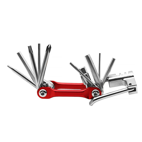 Portable Bike Repair Kit With Multitool unfolded with multiple tools