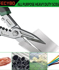 Close-up of Heavy Duty 8.5 Inch Industrial Scissors With Serrated CRV Blades Aviation Tin Snips cutting metal sheet.