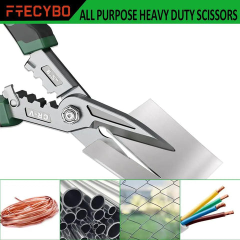 Close-up of Heavy Duty 8.5 Inch Industrial Scissors With Serrated CRV Blades Aviation Tin Snips cutting metal sheet.