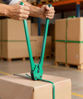 Hands using sealer tool from Heavy Duty Banding Strapping Kit With Sealer Tool And Gloves, 1500 Ft PET Strapping on cardboard box