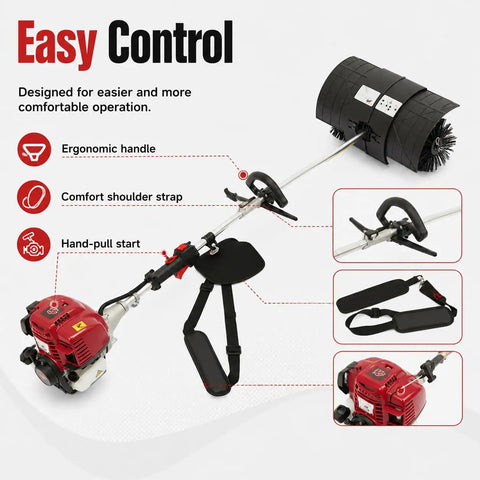 Powerful Gas Handheld Broom Sweeper With 1000W 4 Stroke Engine, 20 Inch Wide Lawn Yard Debris Cleaner For Streets, Parks And Farms, Aluminum Alloy Body, Durable Outdoor Cleanup Tool showing handle, strap, and engine