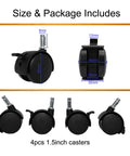 4 Pack 1.5 Inch Swivel Caster Wheels With Circlip Stem M8x20mm And Lockable Brakes, side and front view dimensions shown