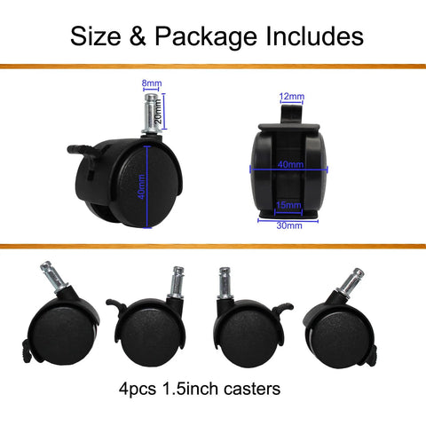 4 Pack 1.5 Inch Swivel Caster Wheels With Circlip Stem M8x20mm And Lockable Brakes, side and front view dimensions shown