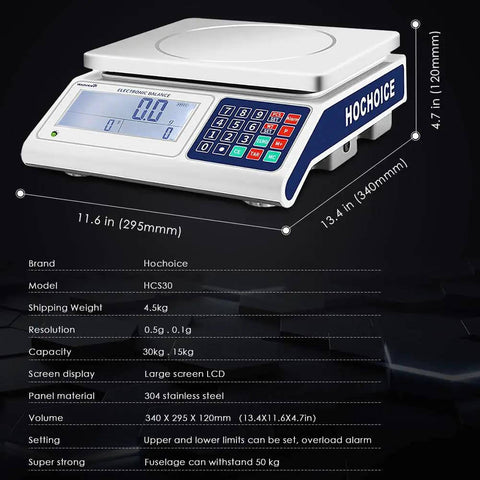 Industrial Counting Scale For Parts And Coins, 66 Lb 30 Kg Capacity, 0.1 G Precision, RS232 Port For PC Or Printer, Counting And Weighing