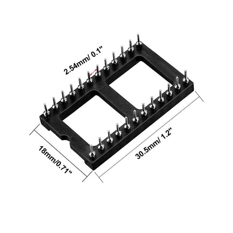 Two Row 24 Pin DIP IC Socket Adapter, 2.54mm Pitch 0.1 Inch, 15.24mm Row Spacing, Soldering Ready, Black Silver Tone, dimensions shown