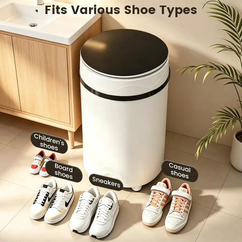 Triple Threat Semi Auto Mini Washer Dryer For Sneakers And Workout Gear near various shoes on floor, suitable for compact spaces.