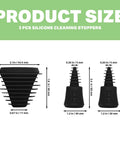 Universal Cleaning Plugs For Glass Water Pipes And More That Seal Tight Fits Male And Female Joints Durable Reusable Design No Fuss Cleaning Easy To Use Leak Proof Seal Black, showing size dimensions of silicone plugs.