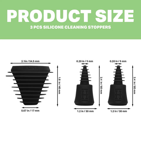 Universal Cleaning Plugs For Glass Water Pipes And More That Seal Tight Fits Male And Female Joints Durable Reusable Design No Fuss Cleaning Easy To Use Leak Proof Seal Black, showing size dimensions of silicone plugs.