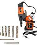 Heavy Duty Magnetic Drill Press With 2.27 Horsepower Variable Speed Motor Seven Piece Annular Cutter Kit, with drill bits.