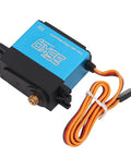 Rock Solid 35Kg Hollow Cup Motor RC Servo Waterproof Stainless Steel Gears Hard Anodized Aluminum Housing showing blue unit and wires.