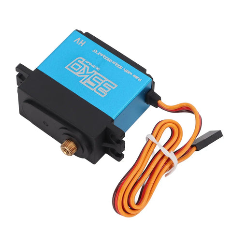Rock Solid 35Kg Hollow Cup Motor RC Servo Waterproof Stainless Steel Gears Hard Anodized Aluminum Housing showing blue unit and wires.