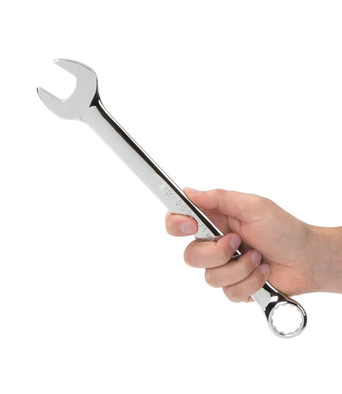 24 Millimeter Combination Wrench With 15 Degree Angled Open End And 12 Point Box End For Extra Access In Tight Spaces Pro Grade Heavy Duty Tool For Quick Double Engagement Of Fasteners held by hand