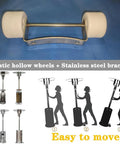 Close-up of patio heater wheel set: white plastic wheels with stainless steel bracket.