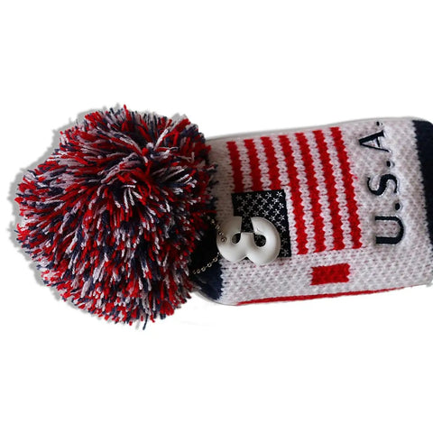 US Flag Knit Pom Pom Three Wood Fairway Head Cover With Long Neck Sock Double Strength Knit Machine Washable Compatible With Callaway Mizuno Cobra Taylormade Golf Clubs, featuring USA flag design and pom pom.