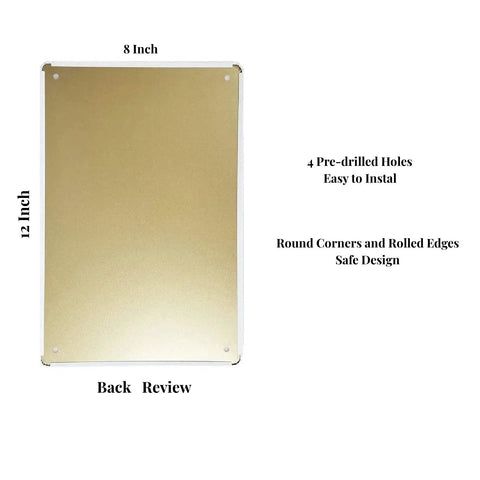 Back view of Xanovir music tin sign, gold metal wall plaque, 8x12 inches, four pre-drilled holes for easy mounting.