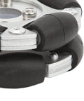 Close-up of 60mm aluminium alloy robot omni wheel with 360-degree rollers and mounting brackets