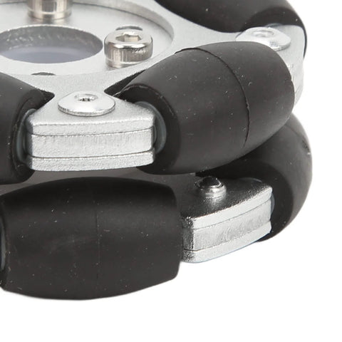 UPQRSG robot omni wheel, close-up view, 60mm aluminium alloy with 10 rubber rollers and mounting hardware