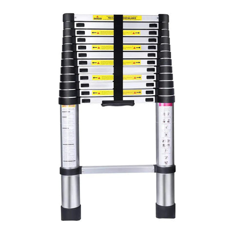 Telescoping Extension Ladder 12 and a Half Ft Aluminum Alloy Lightweight Workhorse for Roofing and Home DIY Outdoor Projects RV Use 330 Lb Capacity Safe Quick Lock Rust Resistant Anodized Finish showing compact folded state.