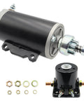 Starter With Relay Replacement For Johnson And Evinrude Outboards 85HP To 140HP Fits Evinrude E85 E90 E100 E110 E112 E115 E125 E135 E140 Part Numbers 385529 389954 585057 20513579TBA, showing motor, relay, and hardware kit