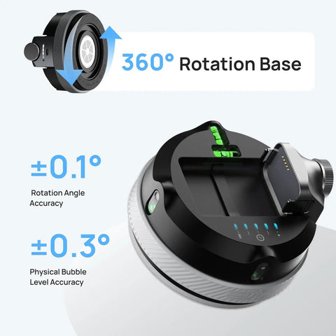 MCube02 Laser Level Tool with vertical and horizontal green line lasers featuring a 360 degree rotating base, close-up view.