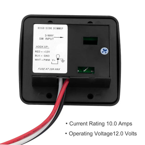 Badass 12V RV LED Dimmer Switch Large Black Slider showing connections and specifications for 10A current rating.