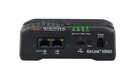 Front view of XR60 Dual SIM 5G and WiFi 6 Built Tough Rugged Ethernet Modem and Wireless Router With USB C Power Delivery ports.