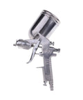 Pro Level Pneumatic Airbrush Spray Gun With Extra Large 400 Milliliter Alloy Hopper For Sick Water Based Paint Finish angled view.