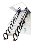 Super Tough Pull Down Attic Ladder With Grip Handles delivering hella stable telescoping frame viewed from below, showing steel rungs.
