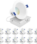 Ace 4 Inch LED Canless Downlights With J Box 12W Dimmable Recessed Ceiling Lights 1160 Lumens 5CCT Adjustable Color Temp CRI90 Wet Listed IC Rated 12 Pack displayed with metal J box