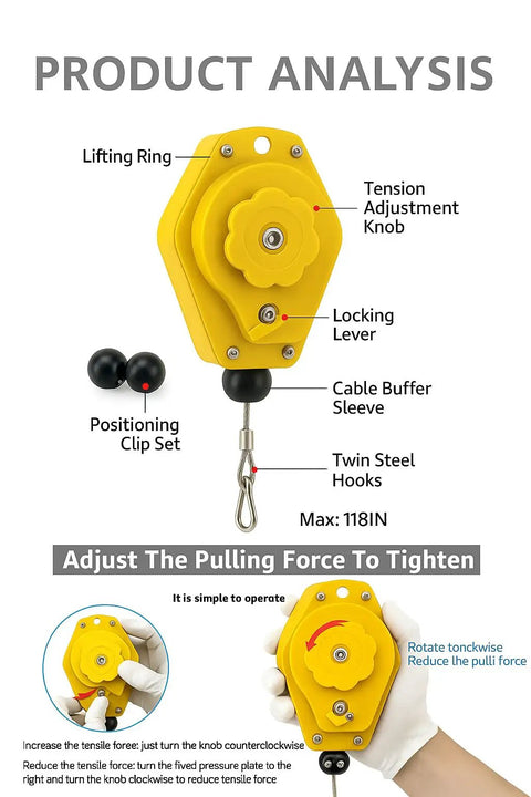 Product analysis of cable organizer showing components with lifting ring and adjustment knob.