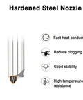 Hardened steel nozzle for 3 Pack Hotend Kit With 0.2mm 0.4mm 0.6mm Nozzles For 3D Printers, showing stability and heat conduction benefits
