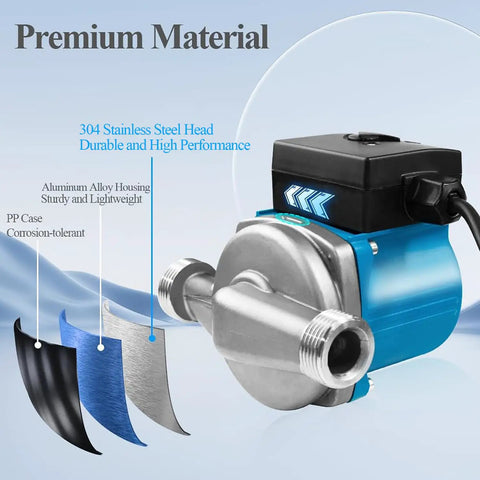 Tough As Nails Residential Hot Water Recirculating Pump One Inch NPT Threading With Solid 304 Stainless Body and Smooth Ceramic Bearings for No Sweat Daily Reliability, showcasing 304 stainless steel head and aluminum alloy housing.
