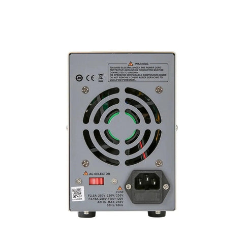 Rock Solid Linear DC Power Supply With Low Ripple For Clean Pure DC Output To Electrical Gear Includes Overvoltage Overcurrent Short Circuit And Overheat Protection Ventilated Case With Heat Dissipation Holes For Reliable Load Power, rear view with AC inlet and fan grille