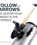 Close-up of StarSense Explorer 8 Inch App Enabled Telescope with 203mm Dobsonian Mount showing smartphone dock and arrow guide.