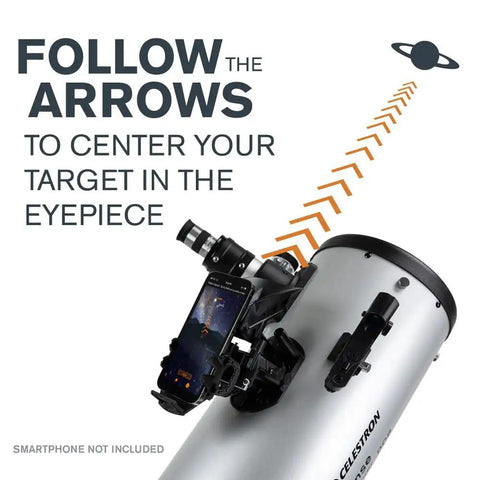 Close-up of StarSense Explorer 8 Inch App Enabled Telescope with 203mm Dobsonian Mount showing smartphone dock and arrow guide.