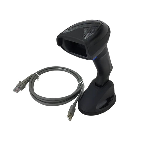 Omnidirectional Corded Barcode Scanner Kit With Fixed Stand for 2D and 1D Scanning showing scanner and USB cable