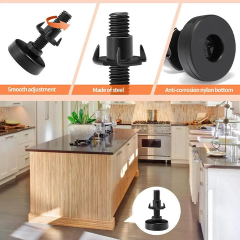 Rock Solid Adjustable Sofa Feet And Furniture Levelers Heavy Duty Leg Supports For Couches And Tables Ditch The Wobbly Floor Setup Built Tough For Daily Grind 10 Pack adjustable black leg leveler in kitchen setting.