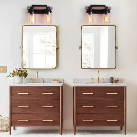 Bathroom with Two Light Farmhouse Vanity Light Over Mirror With Faux Wood Grain Finish, Rustic Vintage Wall Sconces, wooden vanities, gold accents