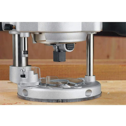 Beefy 2 1/4 Hp Plunge Router Kit With Sturdy Fixed Base And Electronic Variable Speed Control close-up view of the base and motor components.